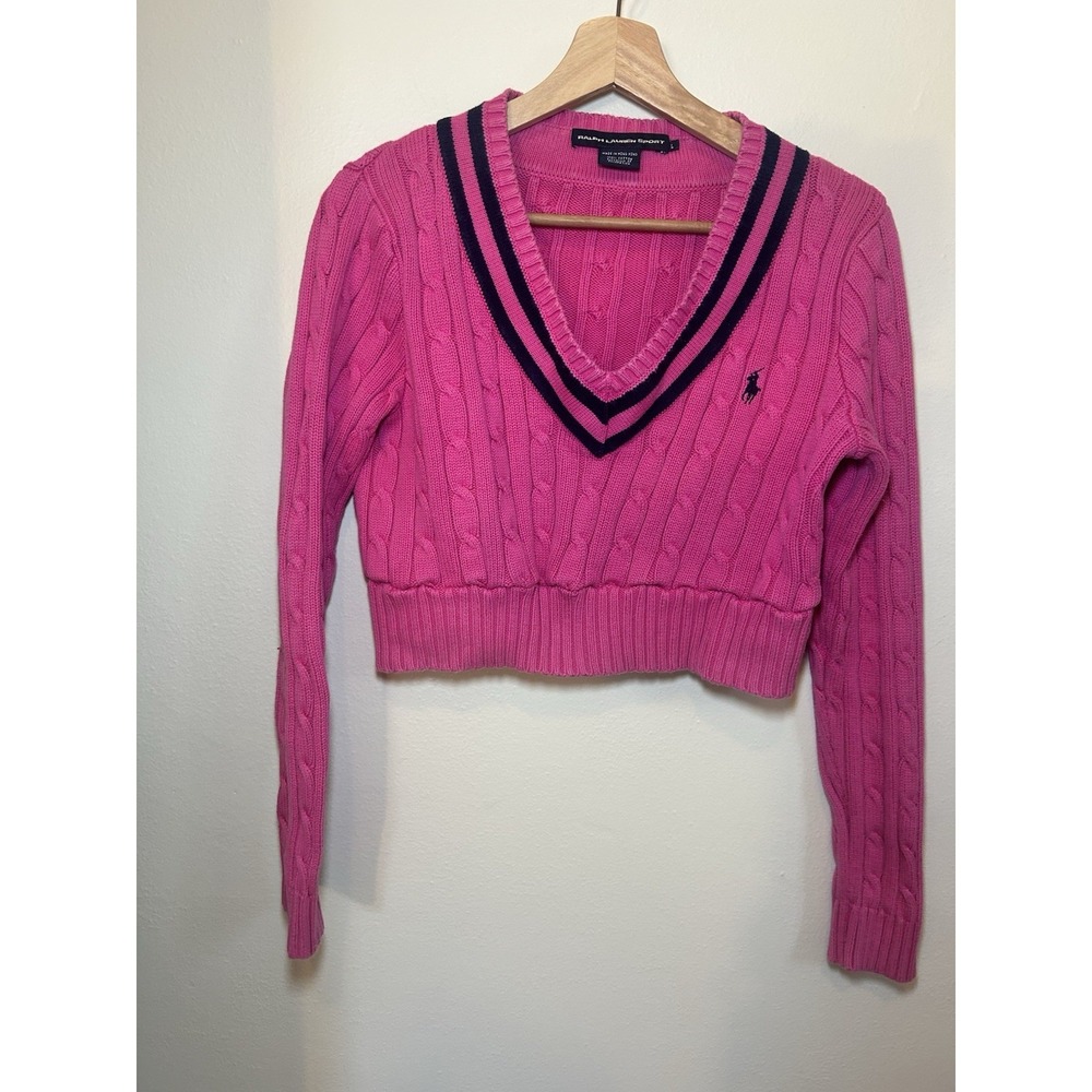 Vintage Ralph Lauren Sport Pink Cropped Cricket Sweater - Y2K Preppy Coquette - Picture 2 of 7
